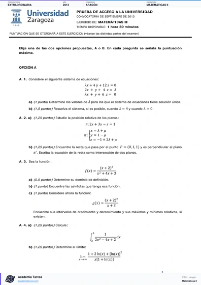 Vista previa de Examen PAU de Matemáticas II de Aragón 2013 – Extraordinaria