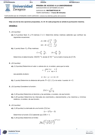 Vista previa de Examen PAU de Matemáticas II de Aragón 2014 – Extraordinaria