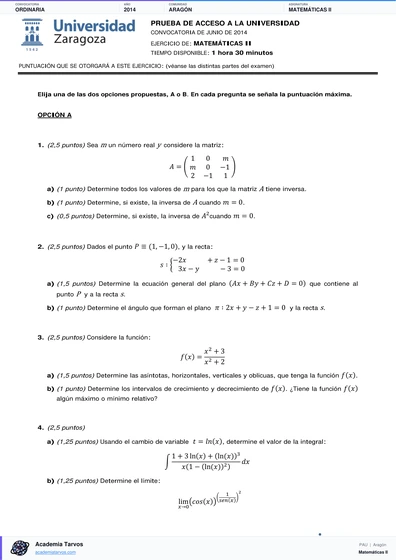 Vista previa de Examen PAU de Matemáticas II de Aragón 2014 – Ordinaria