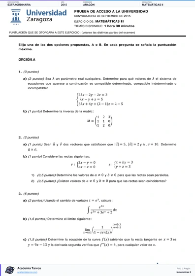 Vista previa de Examen PAU de Matemáticas II de Aragón 2015 – Extraordinaria