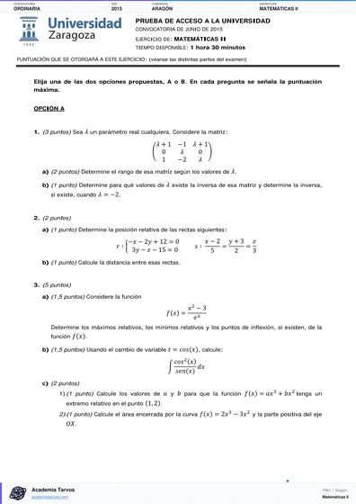 Vista previa de Examen PAU de Matemáticas II de Aragón 2015 – Ordinaria