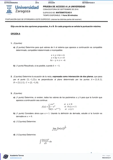 Vista previa de Examen PAU de Matemáticas II de Aragón 2016 – Extraordinaria