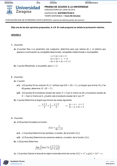 Vista previa de Examen PAU de Matemáticas II de Aragón 2016 – Ordinaria