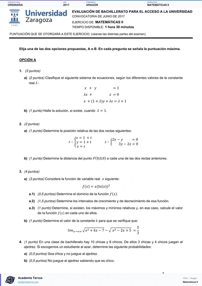 Vista previa de Examen PAU de Matemáticas II de Aragón 2017 – Ordinaria