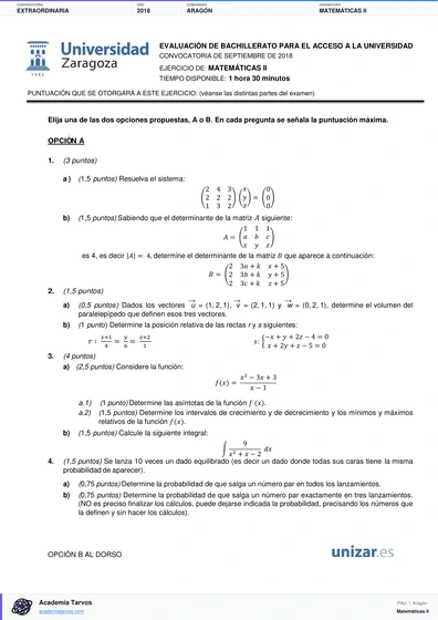 Vista previa de Examen PAU de Matemáticas II de Aragón 2018 – Extraordinaria