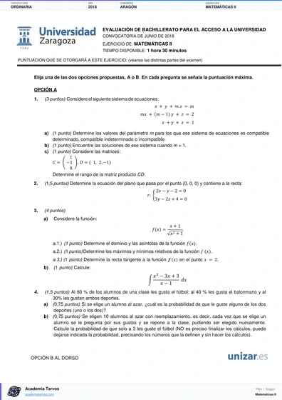 Vista previa de Examen PAU de Matemáticas II de Aragón 2018 – Ordinaria