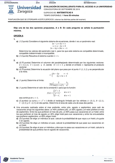 Vista previa de Examen PAU de Matemáticas II de Aragón 2019 – Extraordinaria