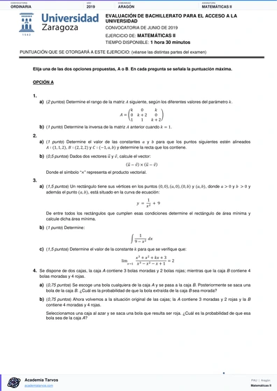 Vista previa de Examen PAU de Matemáticas II de Aragón 2019 – Ordinaria