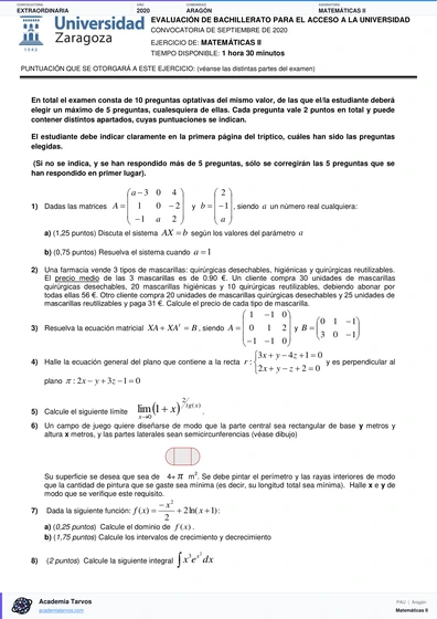 Vista previa de Examen PAU de Matemáticas II de Aragón 2020 – Extraordinaria