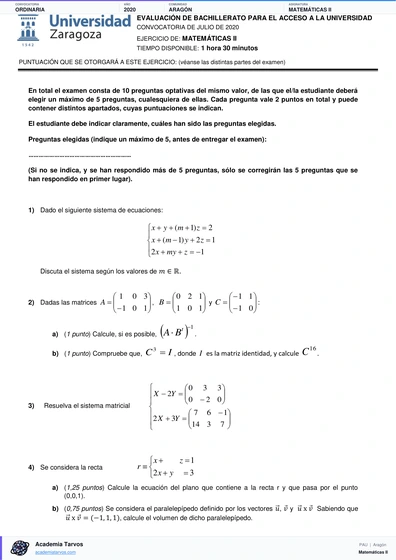 Vista previa de Examen PAU de Matemáticas II de Aragón 2020 – Ordinaria