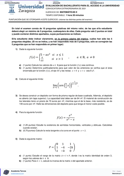 Vista previa de Examen PAU de Matemáticas II de Aragón 2021 – Extraordinaria