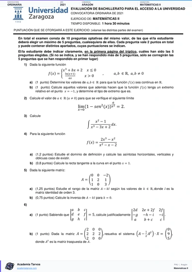 Vista previa de Examen PAU de Matemáticas II de Aragón 2021 – Ordinaria