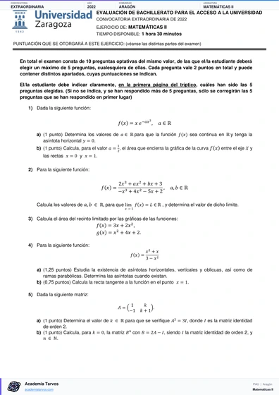 Vista previa de Examen PAU de Matemáticas II de Aragón 2022 – Extraordinaria