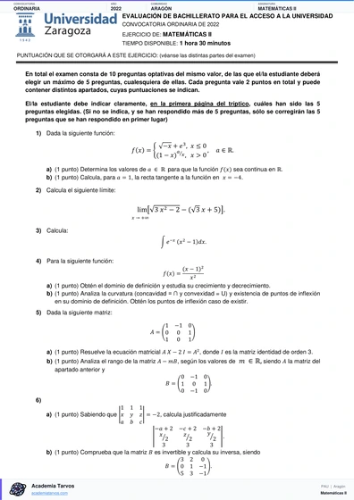Vista previa de Examen PAU de Matemáticas II de Aragón 2022 – Ordinaria