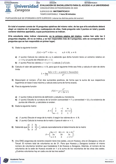 Vista previa de Examen PAU de Matemáticas II de Aragón 2023 – Extraordinaria