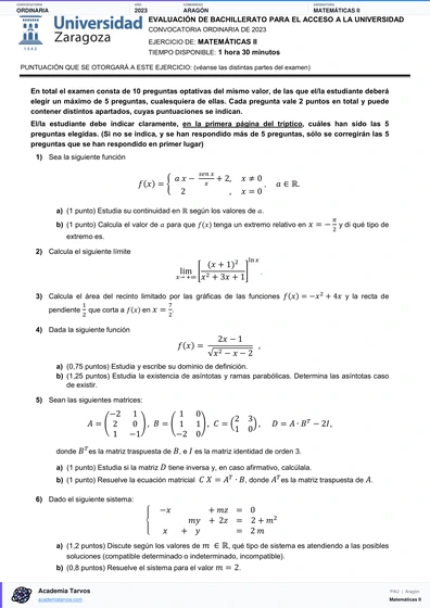 Vista previa de Examen PAU de Matemáticas II de Aragón 2023 – Ordinaria