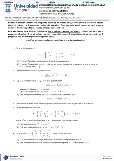 Vista previa de Examen PAU de Matemáticas II de Aragón 2024 – Ordinaria