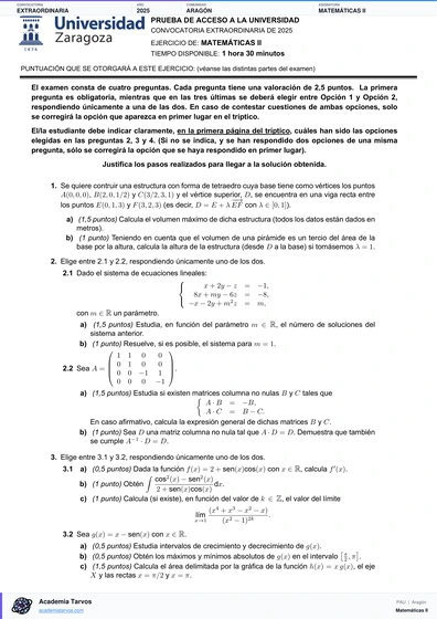 Vista previa de Examen PAU de Matemáticas II de Aragón 2025 – Extraordinaria