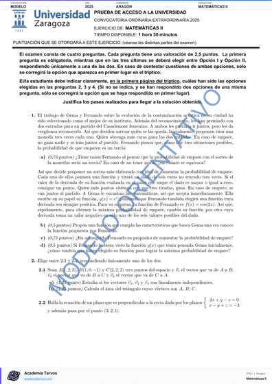 Vista previa de Modelo PAU de Matemáticas II de Aragón 2025