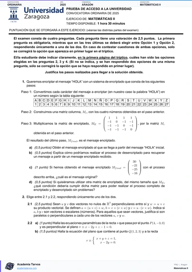 Vista previa de Examen PAU de Matemáticas II de Aragón 2025 – Ordinaria