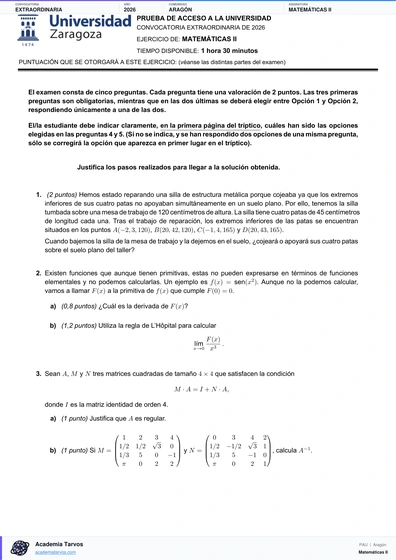 Vista previa de Examen PAU de Matemáticas II de Aragón 2026 – Extraordinaria