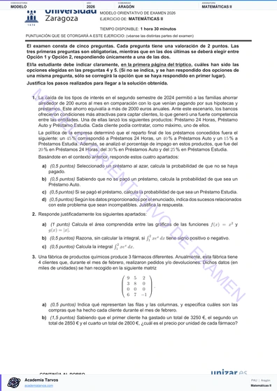 Vista previa de Modelo PAU de Matemáticas II de Aragón 2026