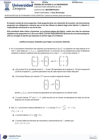 Vista previa de Examen PAU de Matemáticas II de Aragón 2026 – Ordinaria