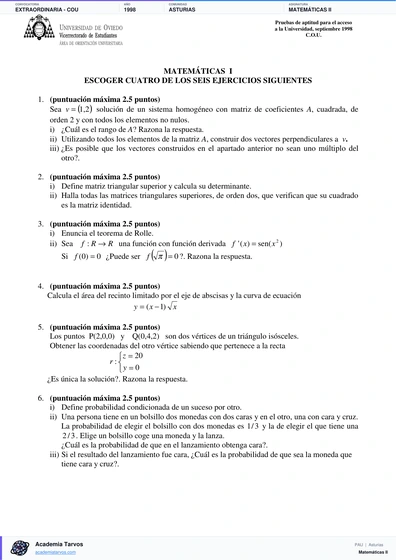 Vista previa de Examen PAU de Matemáticas II de Asturias 1998 – Extraordinaria   COU