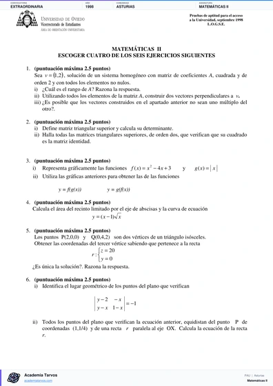 Vista previa de Examen PAU de Matemáticas II de Asturias 1998 – Extraordinaria