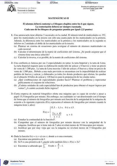 Vista previa de Examen PAU de Matemáticas II de Asturias 1998 – Ordinaria   COU