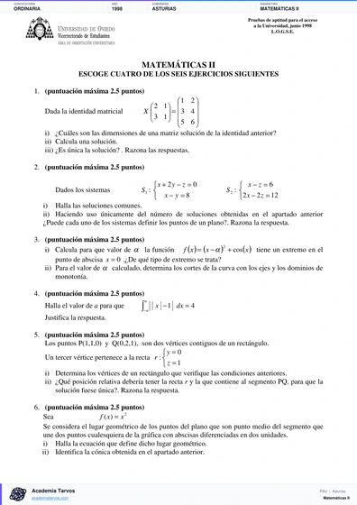 Vista previa de Examen PAU de Matemáticas II de Asturias 1998 – Ordinaria