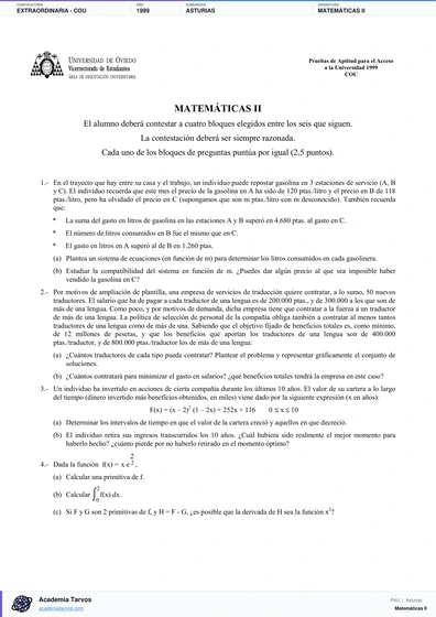 Vista previa de Examen PAU de Matemáticas II de Asturias 1999 – Extraordinaria   COU