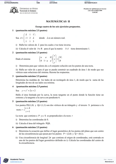 Vista previa de Examen PAU de Matemáticas II de Asturias 1999 – Extraordinaria