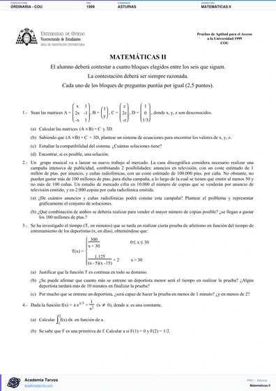 Vista previa de Examen PAU de Matemáticas II de Asturias 1999 – Ordinaria   COU