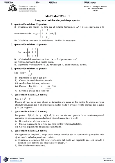 Vista previa de Examen PAU de Matemáticas II de Asturias 1999 – Ordinaria