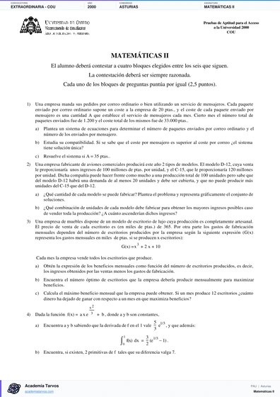 Vista previa de Examen PAU de Matemáticas II de Asturias 2000 – Extraordinaria   COU