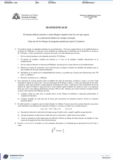 Vista previa de Examen PAU de Matemáticas II de Asturias 2000 – Ordinaria   COU
