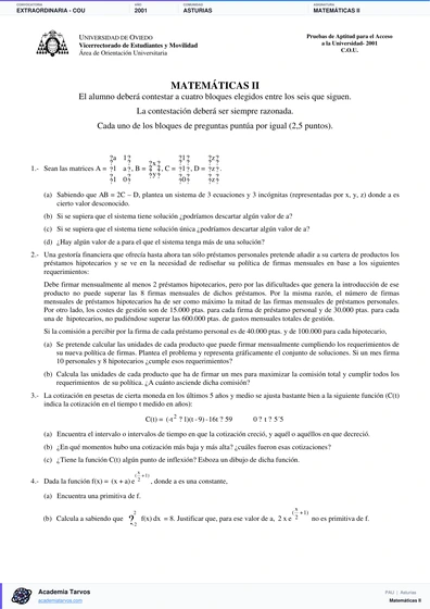 Vista previa de Examen PAU de Matemáticas II de Asturias 2001 – Extraordinaria   COU