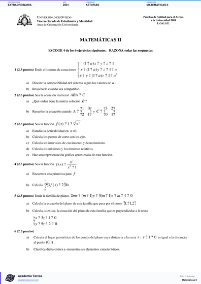 Vista previa de Examen PAU de Matemáticas II de Asturias 2001 – Extraordinaria
