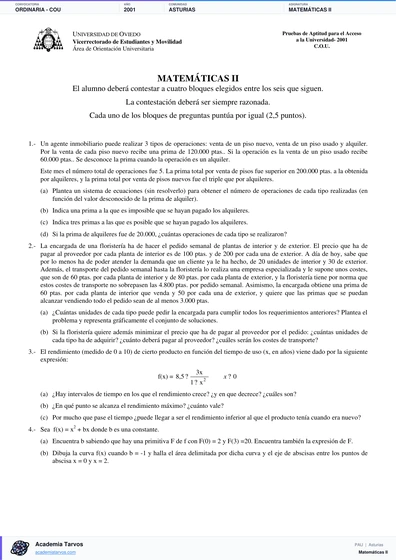 Vista previa de Examen PAU de Matemáticas II de Asturias 2001 – Ordinaria   COU