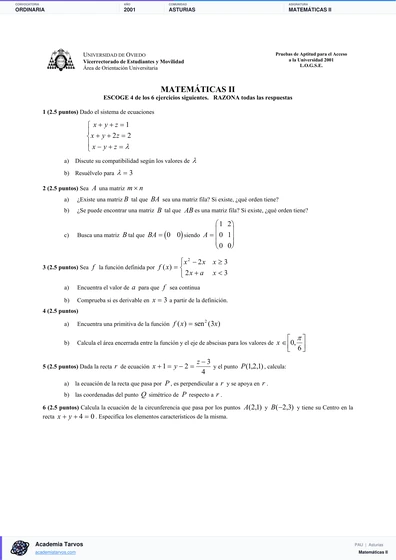 Vista previa de Examen PAU de Matemáticas II de Asturias 2001 – Ordinaria