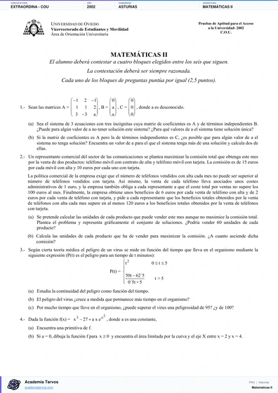 Vista previa de Examen PAU de Matemáticas II de Asturias 2002 – Extraordina   COU