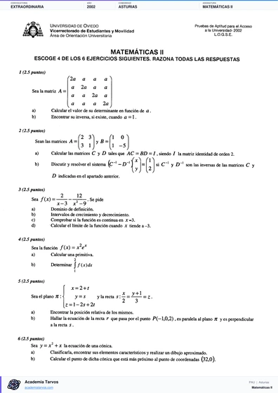 Vista previa de Examen PAU de Matemáticas II de Asturias 2002 – Extraordinaria