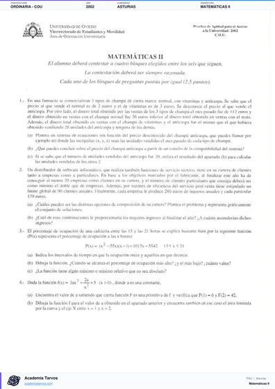 Vista previa de Examen PAU de Matemáticas II de Asturias 2002 – Ordinaria   COU