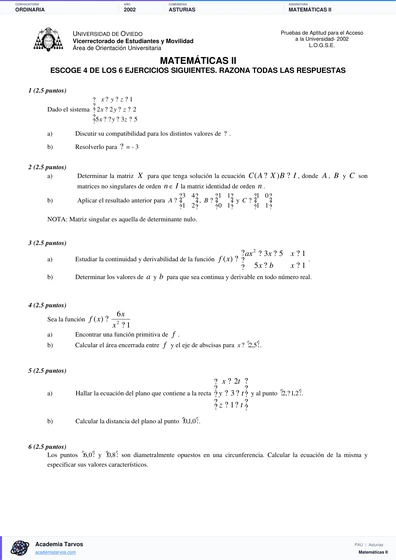 Vista previa de Examen PAU de Matemáticas II de Asturias 2002 – Ordinaria
