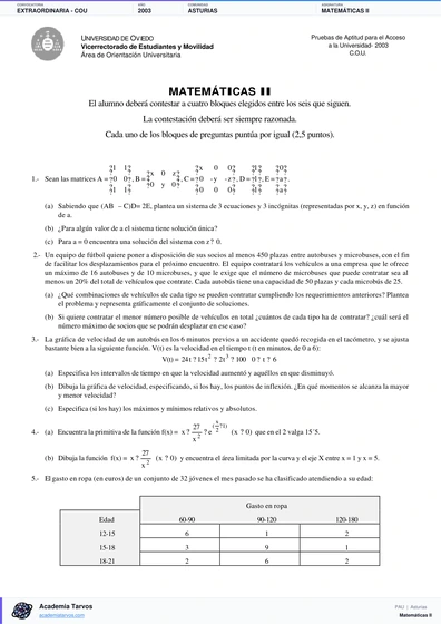 Vista previa de Examen PAU de Matemáticas II de Asturias 2003 – Extraordinaria   COU