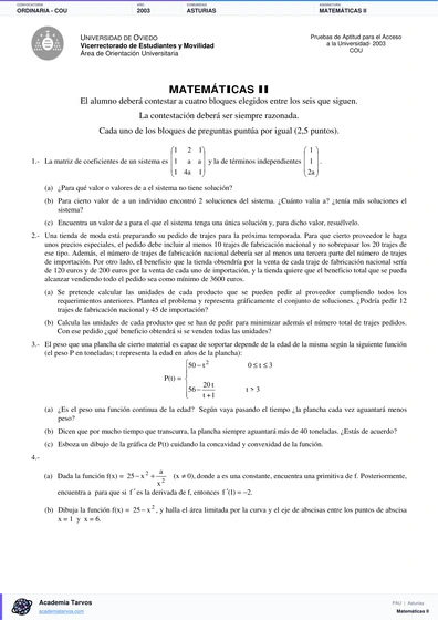 Vista previa de Examen PAU de Matemáticas II de Asturias 2003 – Ordinaria   COU