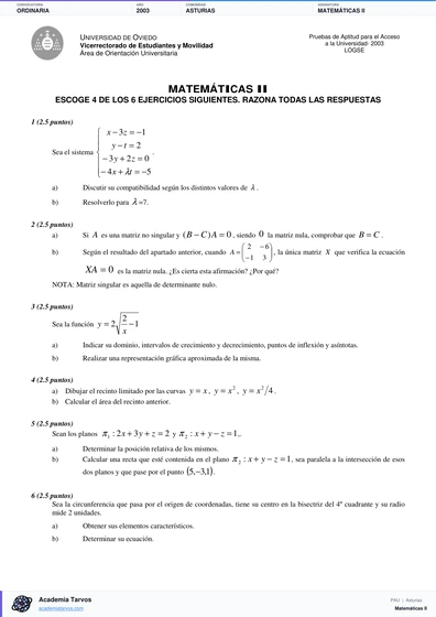 Vista previa de Examen PAU de Matemáticas II de Asturias 2003 – Ordinaria