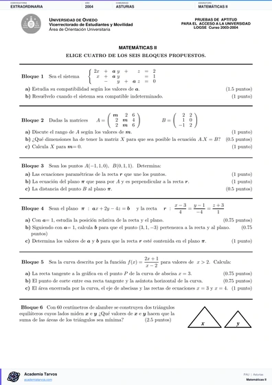 Vista previa de Examen PAU de Matemáticas II de Asturias 2004 – Extraordinaria