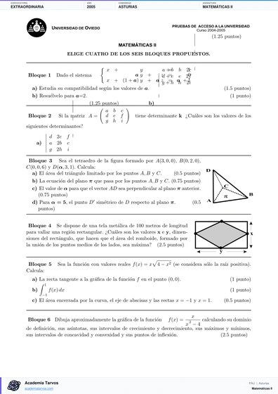 Vista previa de Examen PAU de Matemáticas II de Asturias 2005 – Extraordinaria